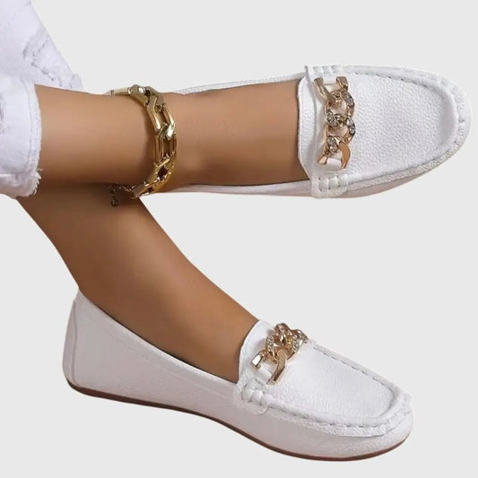 Women's Leather Loafers | Elegant Orthopedic Slip - On Shoes with Gold - Chain Detail - Velshara store