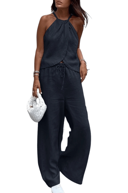 Women's Lightweight Cotton Summer Suit | Chic Halter Top and Wide - Leg Trousers - Velshara store