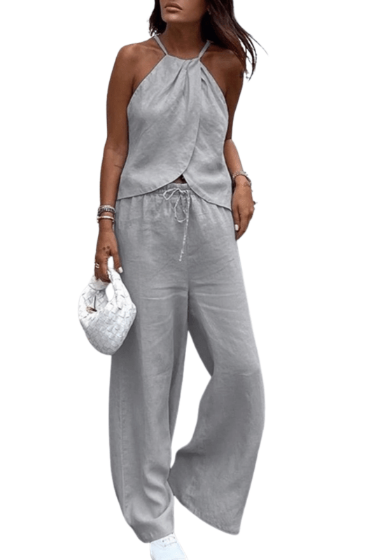Women's Lightweight Cotton Summer Suit | Chic Halter Top and Wide - Leg Trousers - Velshara store