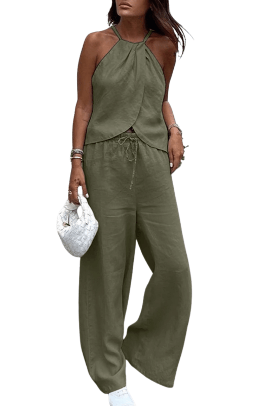 Women's Lightweight Cotton Summer Suit | Chic Halter Top and Wide - Leg Trousers - Velshara store