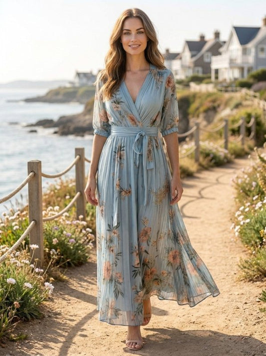 Women's Lightweight Fabric Midi Dress | Flowing V - Neck Summer Style - Velshara store