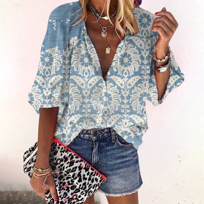 Women's Lightweight Flowing V - Neck Blouse | Relaxed Boho Print Summer Top - Velshara store