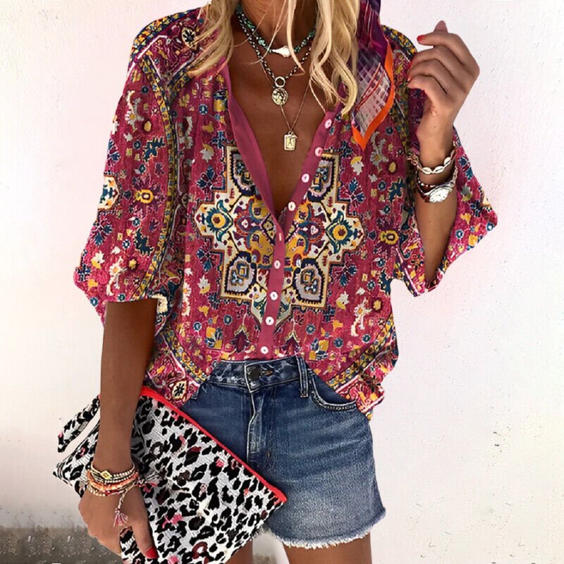 Women's Lightweight Flowing V - Neck Blouse | Relaxed Boho Print Summer Top - Velshara store