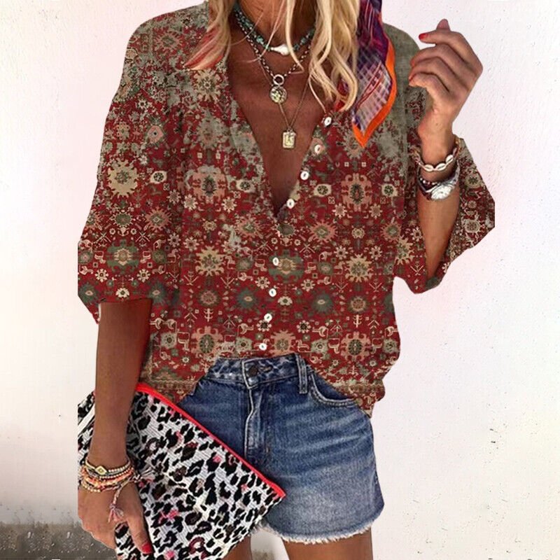 Women's Lightweight Flowing V - Neck Blouse | Relaxed Boho Print Summer Top - Velshara store