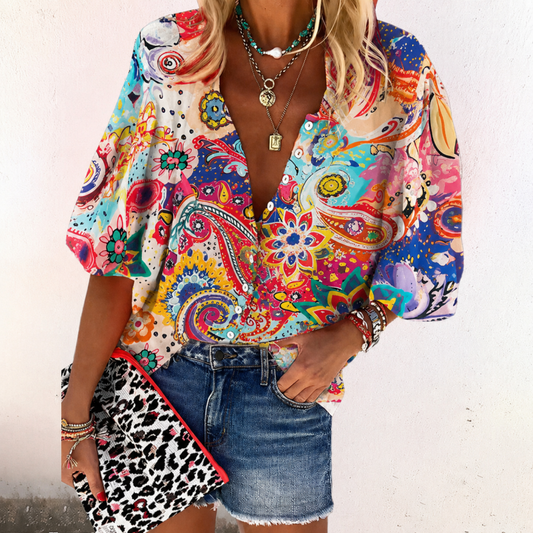 Women's Lightweight Flowing V - Neck Blouse | Relaxed Boho Print Summer Top - Velshara store