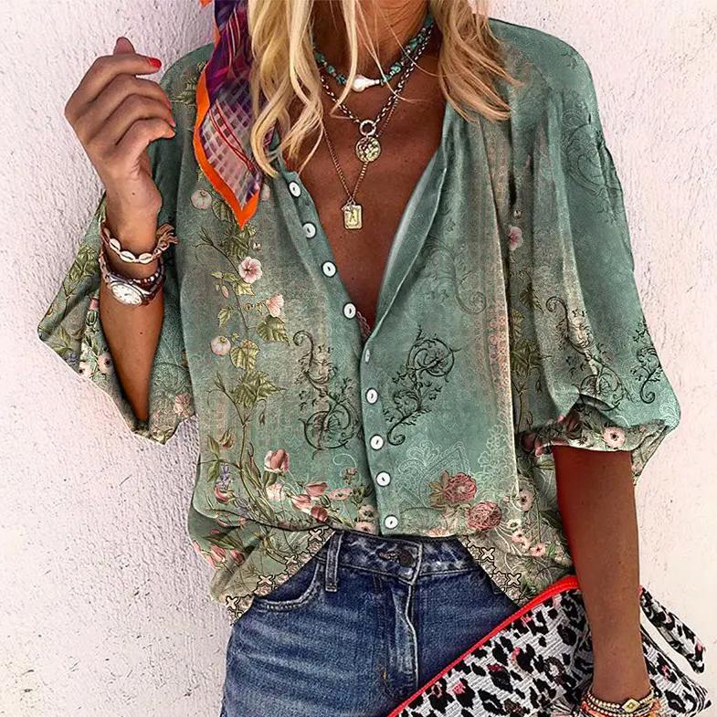 Women's Lightweight Flowing V - Neck Blouse | Relaxed Boho Print Summer Top - Velshara store