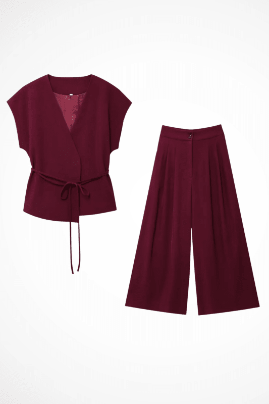 Women's Linen Blend Loungewear Set | Structured Wrap Top and Wide Leg Trousers - Velshara store