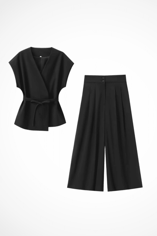 Women's Linen Blend Loungewear Set | Structured Wrap Top and Wide Leg Trousers - Velshara store