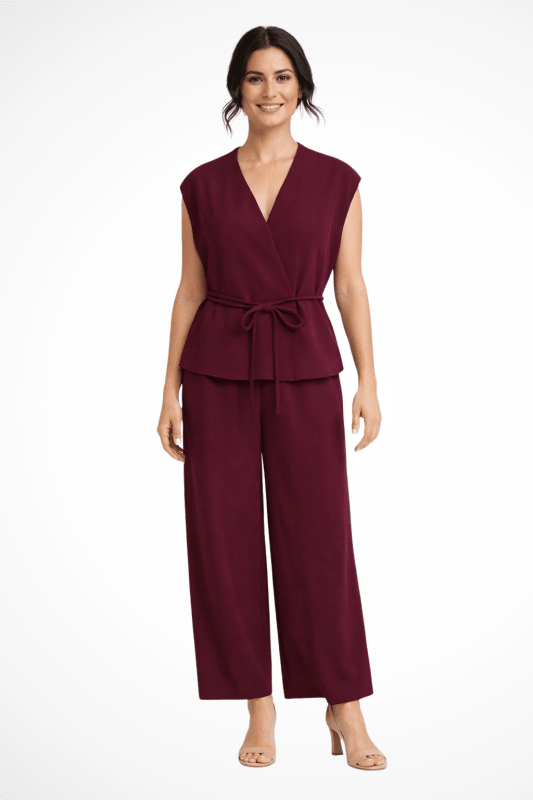 Women's Linen Blend Loungewear Set | Structured Wrap Top and Wide Leg Trousers - Velshara store