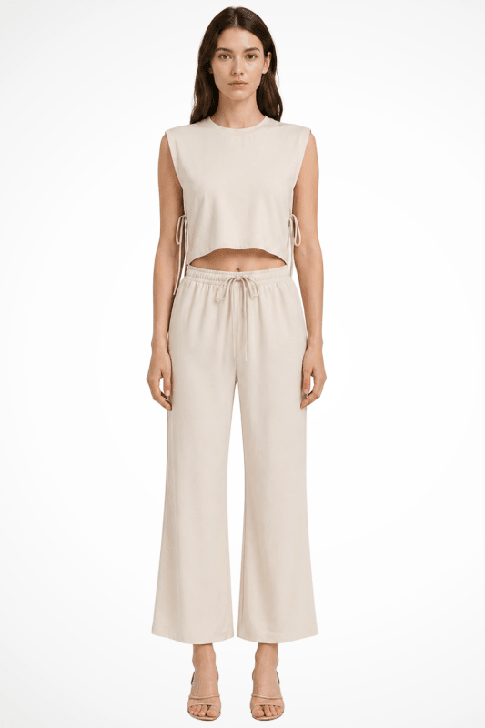 Women's Linen Blend Sleeveless Crop Top Set | Tailored Wide Leg Trousers | Elegant Summer Outfit - Velshara store