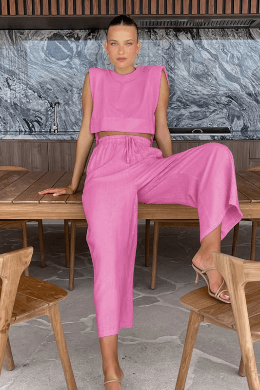 Women's Linen Blend Sleeveless Crop Top Set | Tailored Wide Leg Trousers | Elegant Summer Outfit - Velshara store