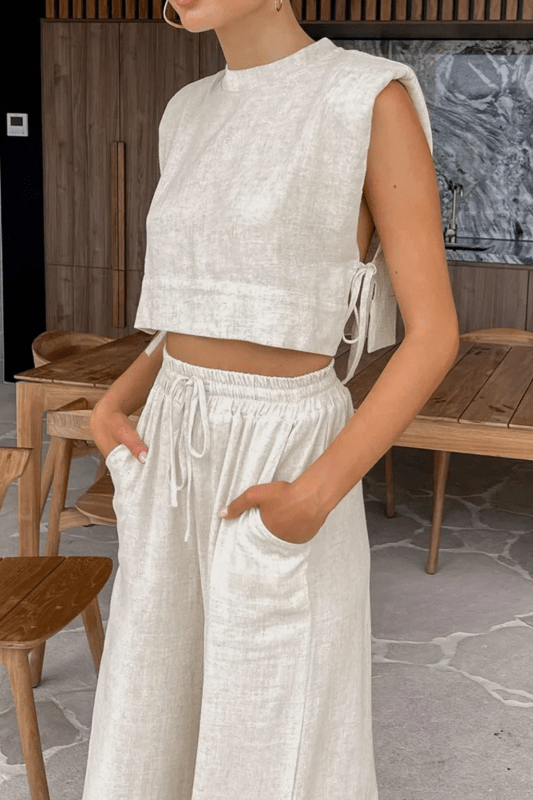 Women's Linen Blend Sleeveless Crop Top Set | Tailored Wide Leg Trousers | Elegant Summer Outfit - Velshara store