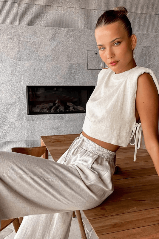 Women's Linen Blend Sleeveless Crop Top Set | Tailored Wide Leg Trousers | Elegant Summer Outfit - Velshara store