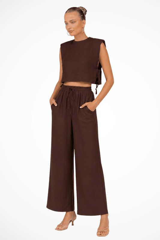 Women's Linen Blend Sleeveless Crop Top Set | Tailored Wide Leg Trousers | Elegant Summer Outfit - Velshara store