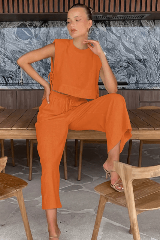 Women's Linen Blend Sleeveless Crop Top Set | Tailored Wide Leg Trousers | Elegant Summer Outfit - Velshara store