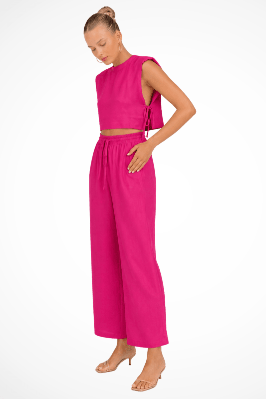 Women's Linen Blend Sleeveless Crop Top Set | Tailored Wide Leg Trousers | Elegant Summer Outfit - Velshara store