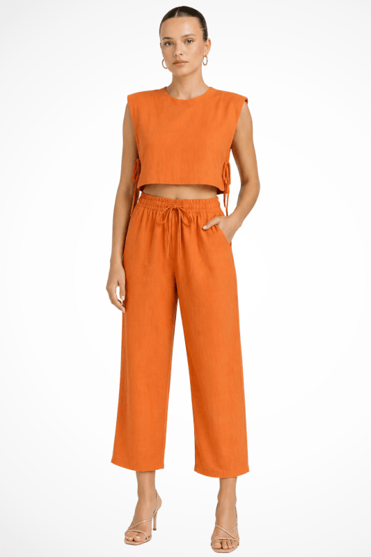 Women's Linen Blend Sleeveless Crop Top Set | Tailored Wide Leg Trousers | Elegant Summer Outfit - Velshara store