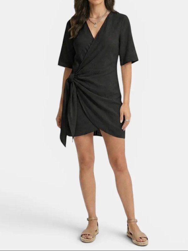 Women's Linen Blend Wrap Mini Dress | Elegant Asymmetrical Hem Summer Outfit - Velshara store
