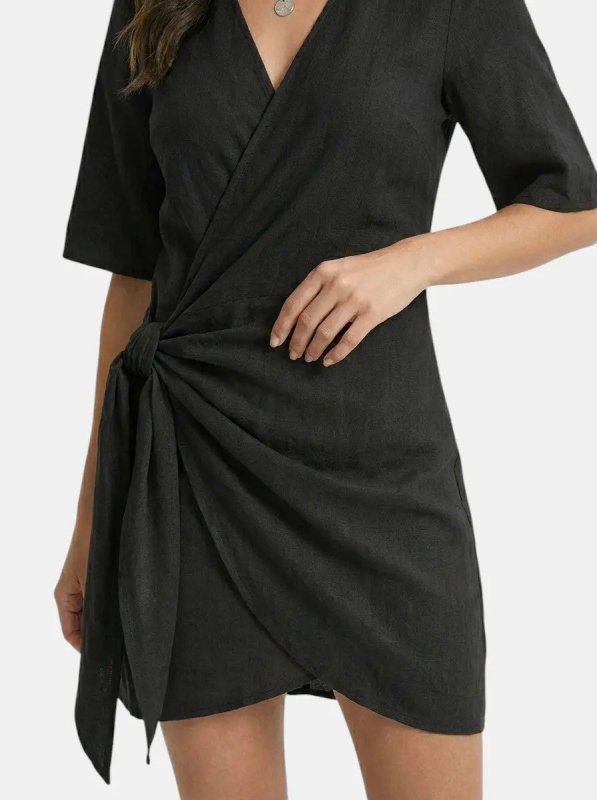 Women's Linen Blend Wrap Mini Dress | Elegant Asymmetrical Hem Summer Outfit - Velshara store