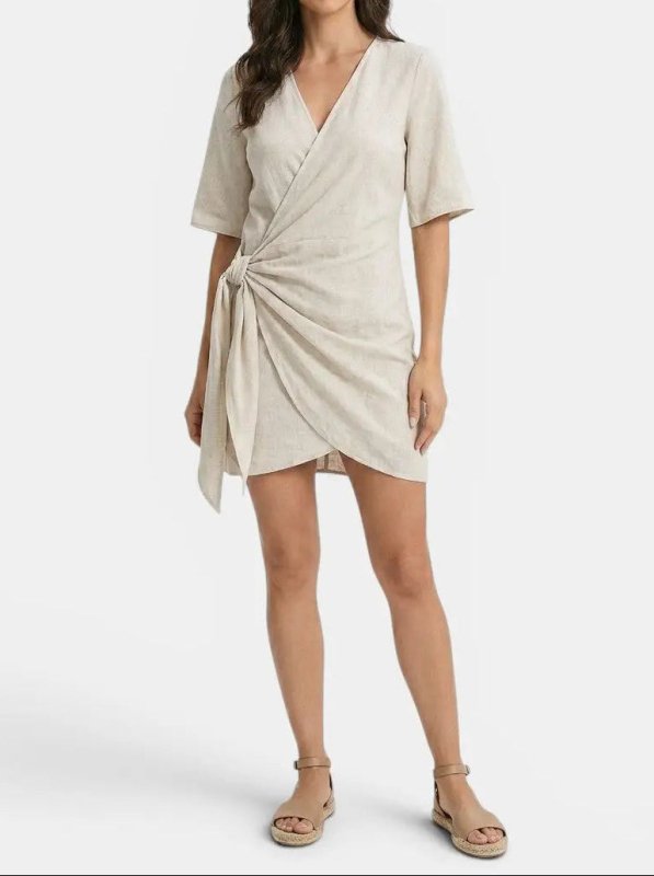 Women's Linen Blend Wrap Mini Dress | Elegant Asymmetrical Hem Summer Outfit - Velshara store