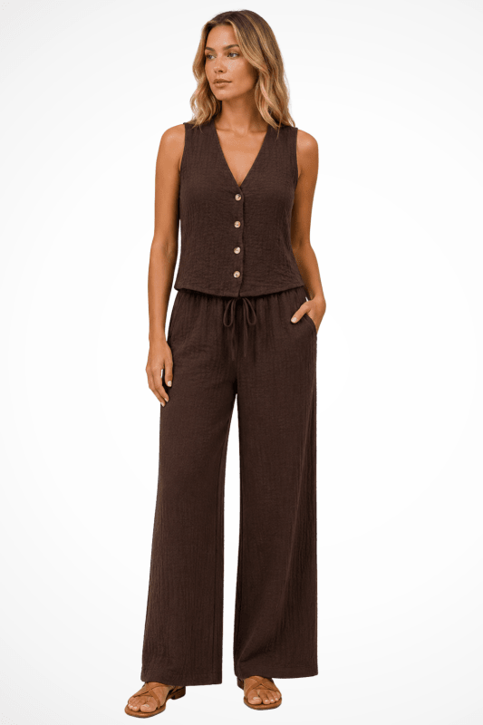 Women's Linen Co - Ord Set | Tailored V - Neck Waistcoat and Wide - Leg Trousers | Stylish Summer Outfit - Velshara store