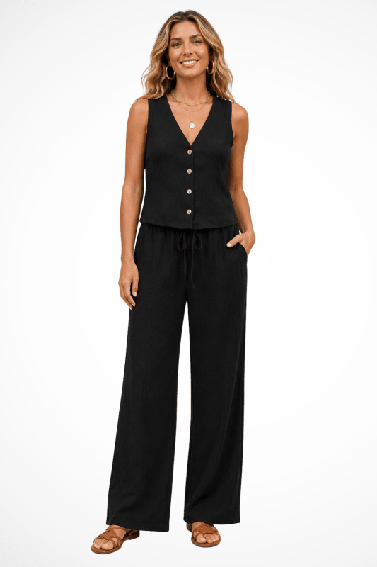 Women's Linen Co - Ord Set | Tailored V - Neck Waistcoat and Wide - Leg Trousers | Stylish Summer Outfit - Velshara store