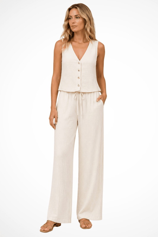 Women's Linen Co - Ord Set | Tailored V - Neck Waistcoat and Wide - Leg Trousers | Stylish Summer Outfit - Velshara store