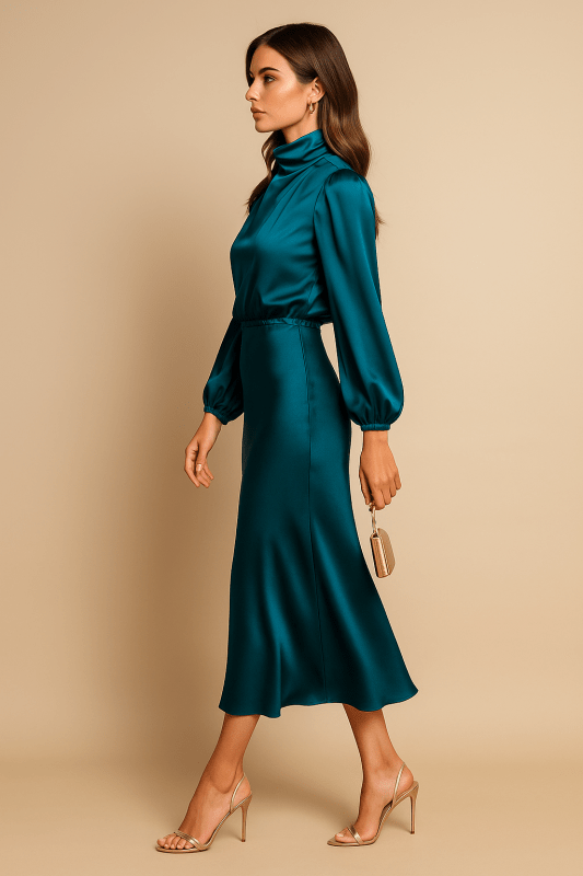 Women's Lustrous Midi Dress | Elegant High Neck Flared Cocktail Dress - Velshara store