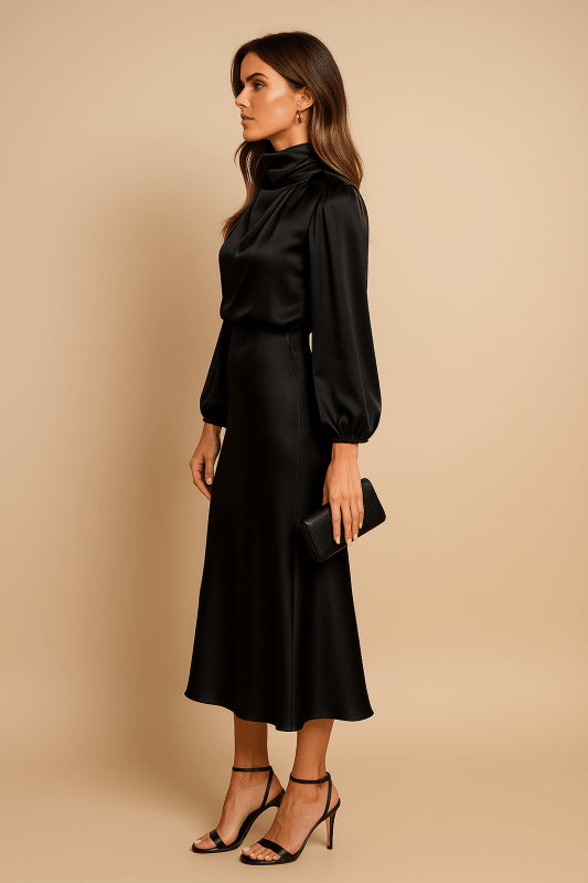 Women's Lustrous Midi Dress | Elegant High Neck Flared Cocktail Dress - Velshara store