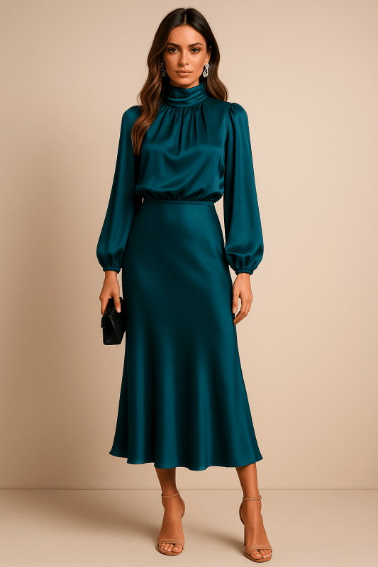 Women's Lustrous Midi Dress | Elegant High Neck Flared Cocktail Dress - Velshara store