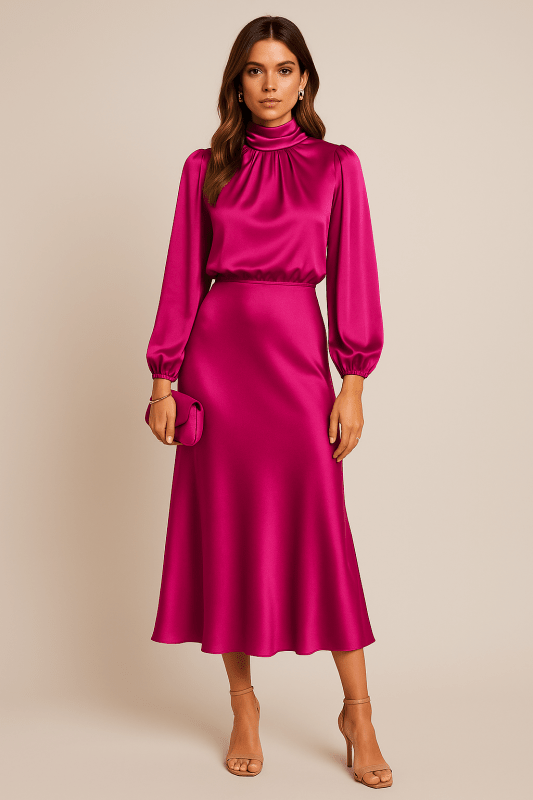 Women's Lustrous Midi Dress | Elegant High Neck Flared Cocktail Dress - Velshara store