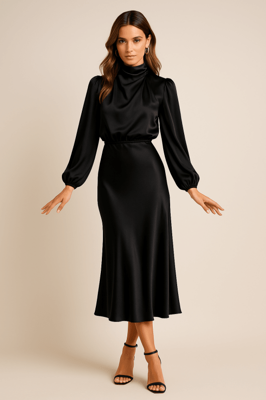 Women's Lustrous Midi Dress | Elegant High Neck Flared Cocktail Dress - Velshara store