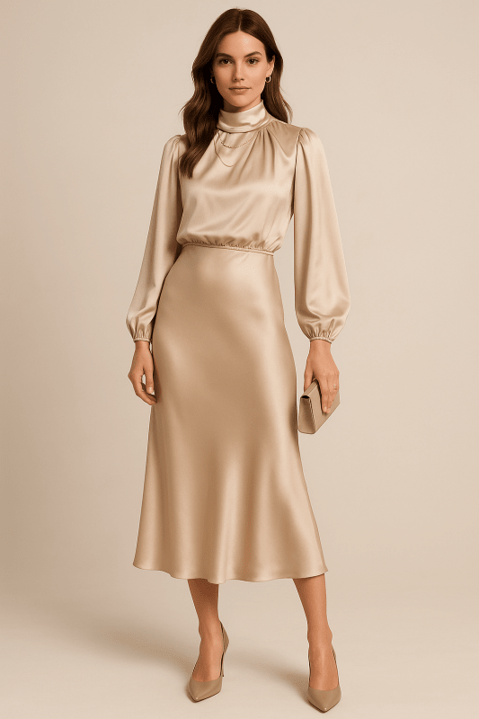 Women's Lustrous Midi Dress | Elegant High Neck Flared Cocktail Dress - Velshara store