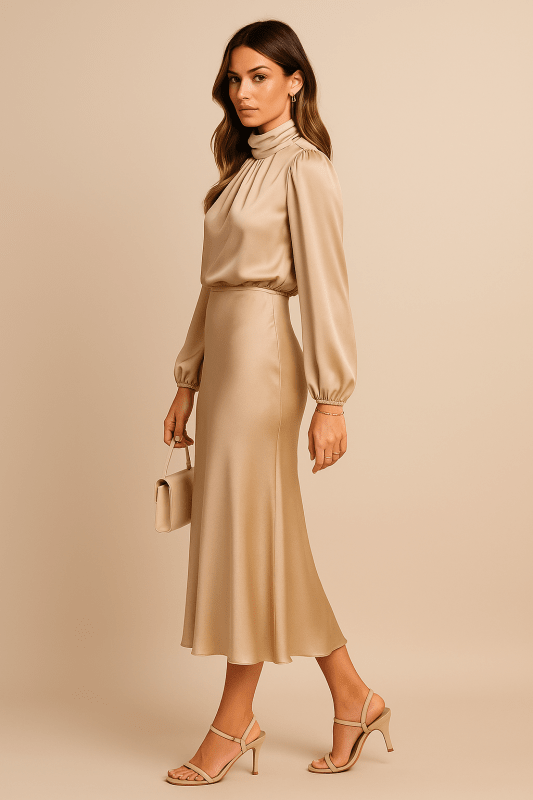 Women's Lustrous Midi Dress | Elegant High Neck Flared Cocktail Dress - Velshara store