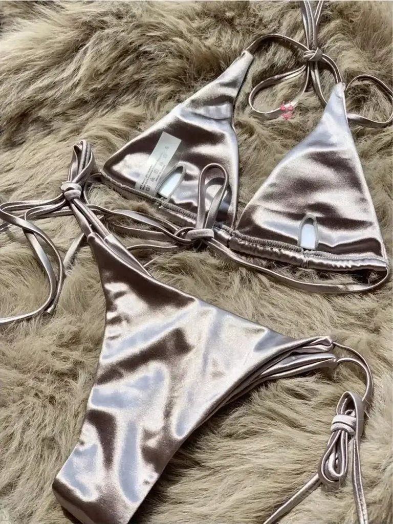 Women’s Metallic Satin Bikini Set – High Cut Brazilian Swimwear for Beach Holidays - Velshara store