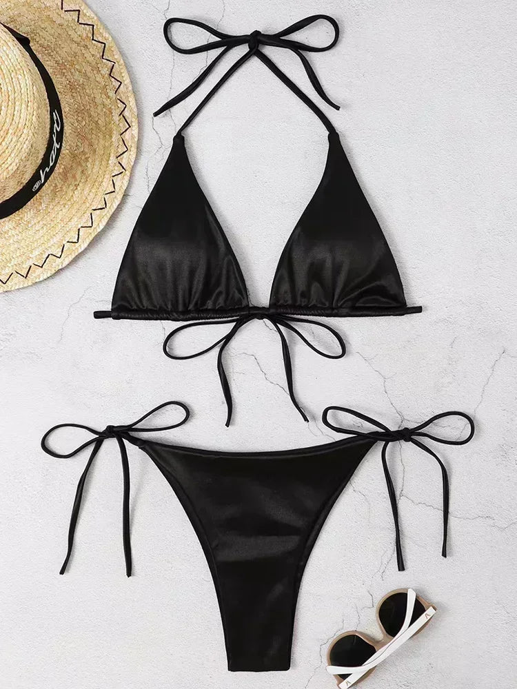 Women’s Metallic Satin Bikini Set – High Cut Brazilian Swimwear for Beach Holidays - Velshara store