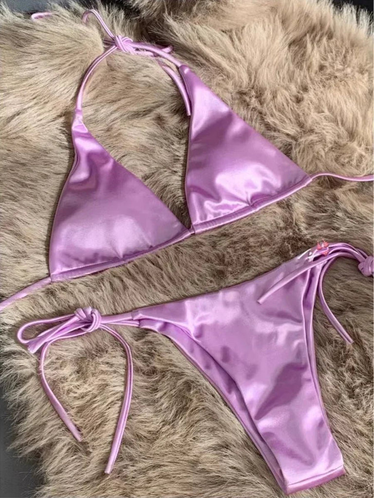 Women’s Metallic Satin Bikini Set – High Cut Brazilian Swimwear for Beach Holidays - Velshara store