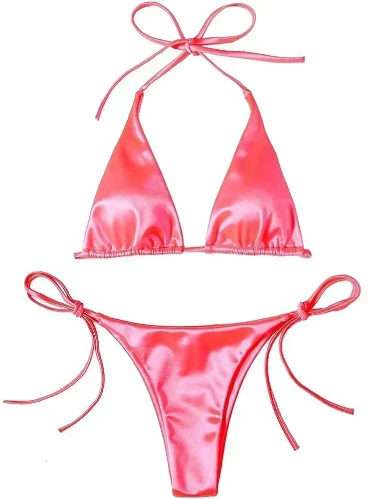 Women’s Metallic Satin Bikini Set – High Cut Brazilian Swimwear for Beach Holidays - Velshara store