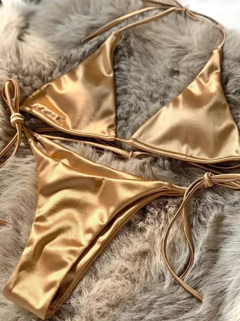 Women’s Metallic Satin Bikini Set – High Cut Brazilian Swimwear for Beach Holidays - Velshara store