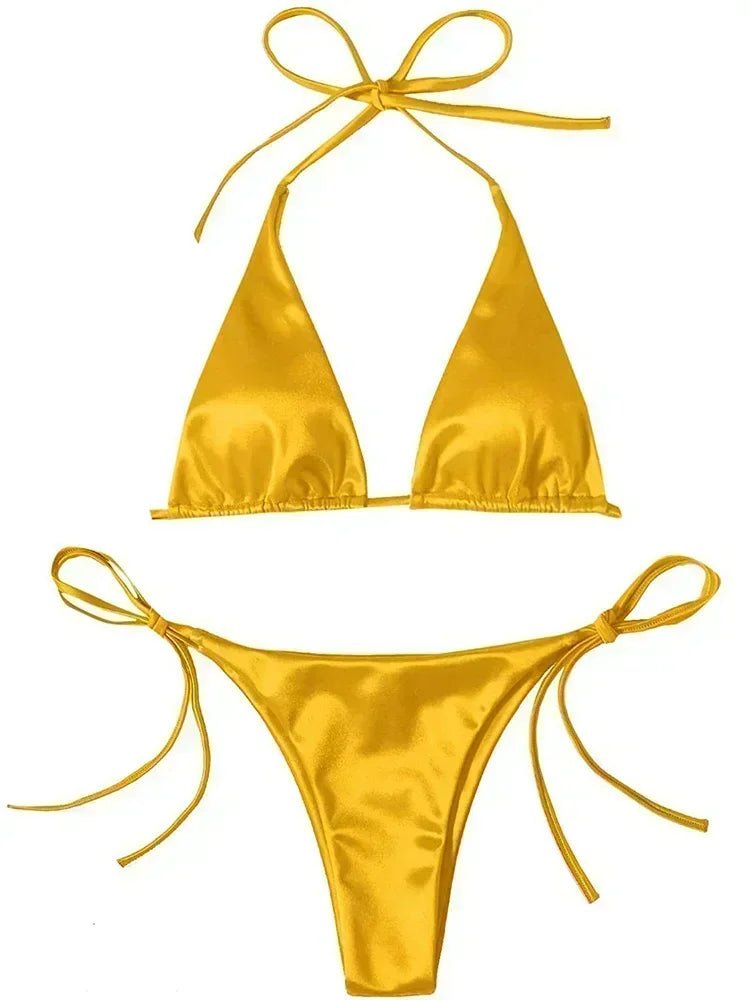 Women’s Metallic Satin Bikini Set – High Cut Brazilian Swimwear for Beach Holidays - Velshara store