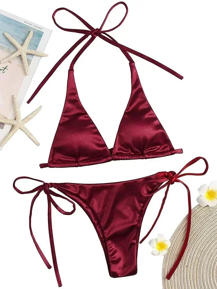 Women’s Metallic Satin Bikini Set – High Cut Brazilian Swimwear for Beach Holidays - Velshara store