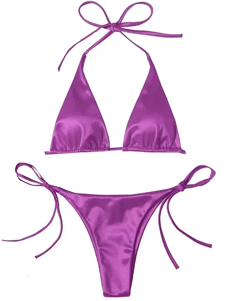 Women’s Metallic Satin Bikini Set – High Cut Brazilian Swimwear for Beach Holidays - Velshara store