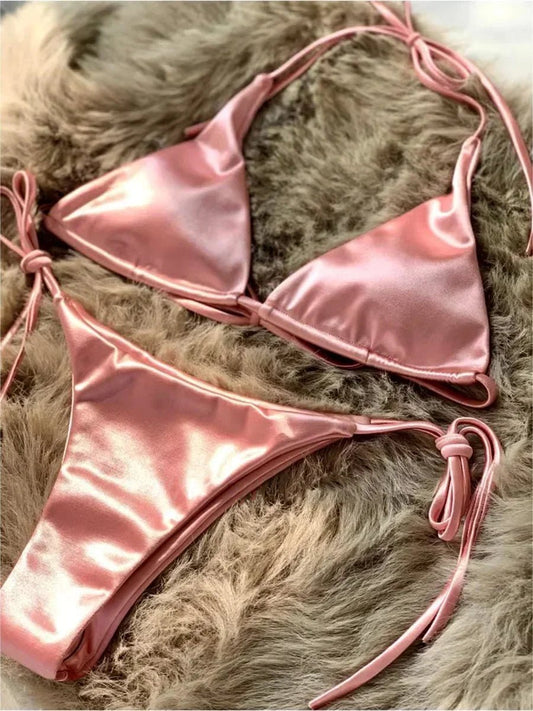 Women’s Metallic Satin Bikini Set – High Cut Brazilian Swimwear for Beach Holidays - Velshara store