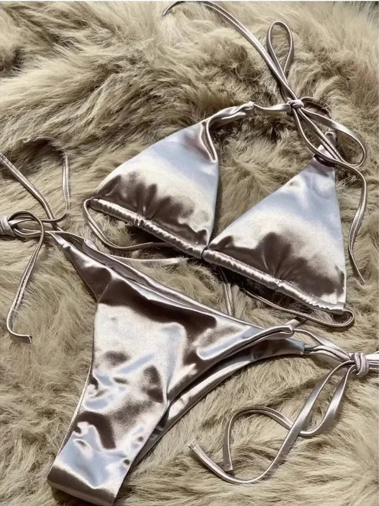 Women’s Metallic Satin Bikini Set – High Cut Brazilian Swimwear for Beach Holidays - Velshara store