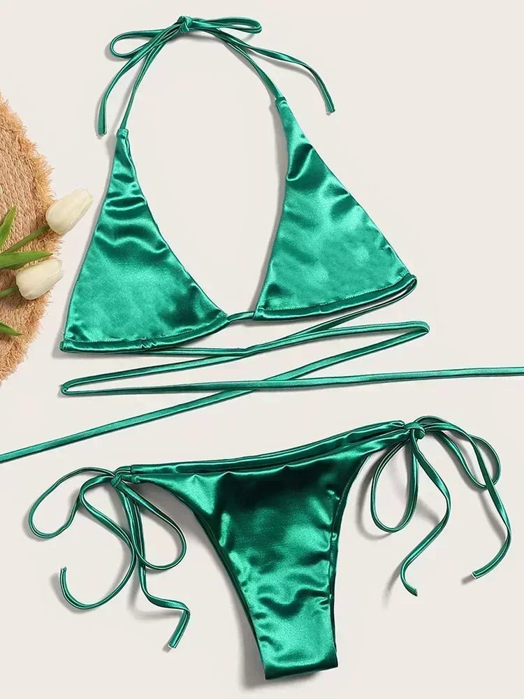 Women’s Metallic Satin Bikini Set – High Cut Brazilian Swimwear for Beach Holidays - Velshara store