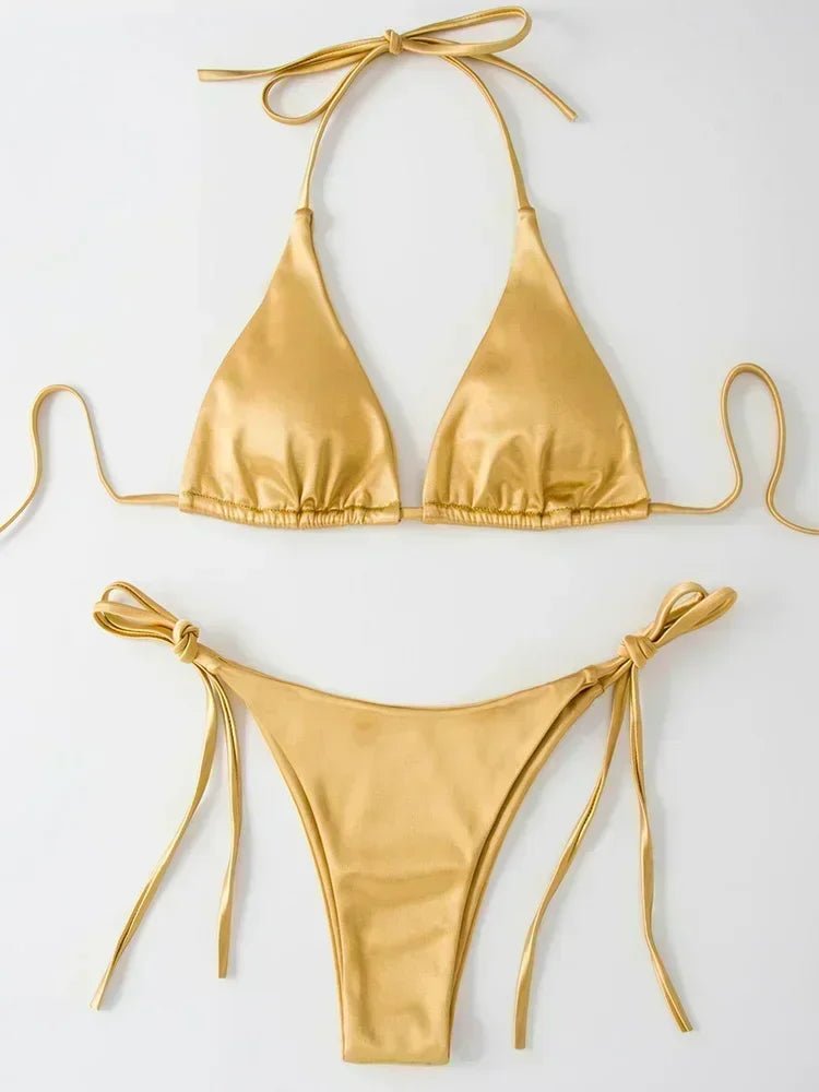 Women’s Metallic Satin Bikini Set – High Cut Brazilian Swimwear for Beach Holidays - Velshara store