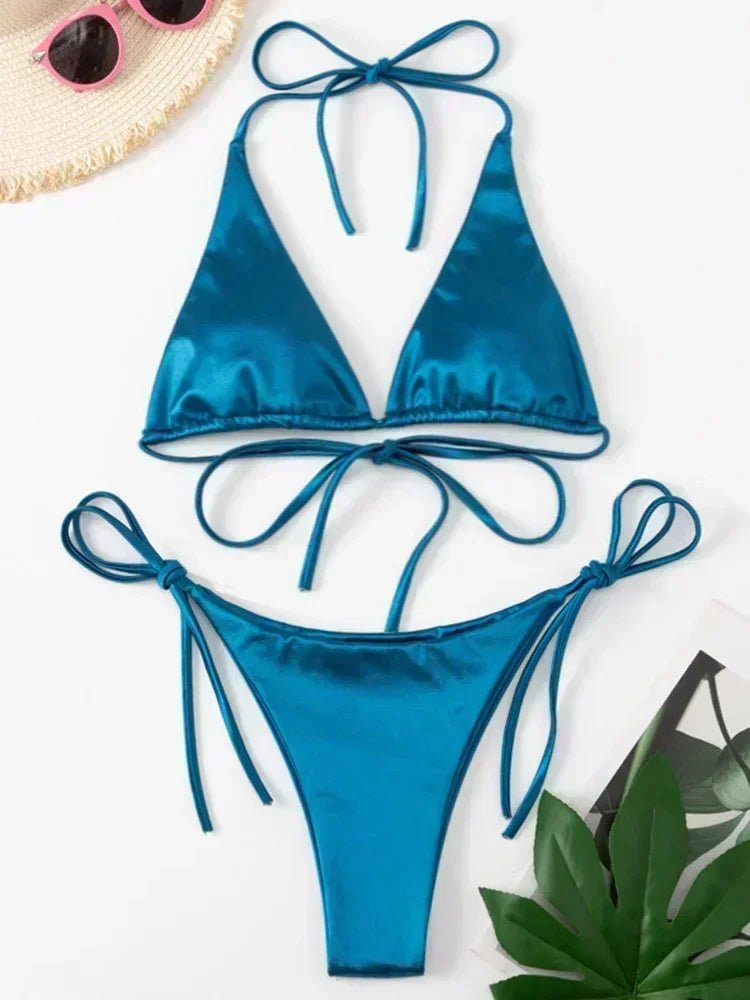 Women’s Metallic Satin Bikini Set – High Cut Brazilian Swimwear for Beach Holidays - Velshara store