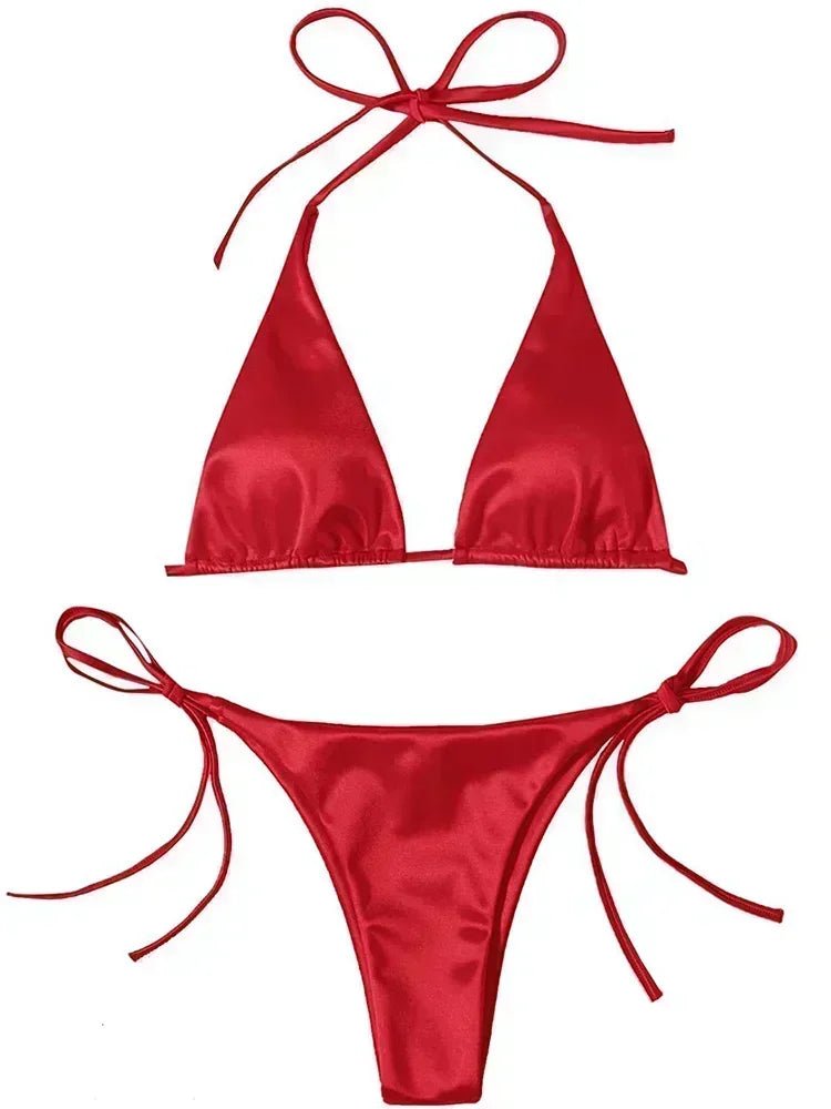 Women’s Metallic Satin Bikini Set – High Cut Brazilian Swimwear for Beach Holidays - Velshara store
