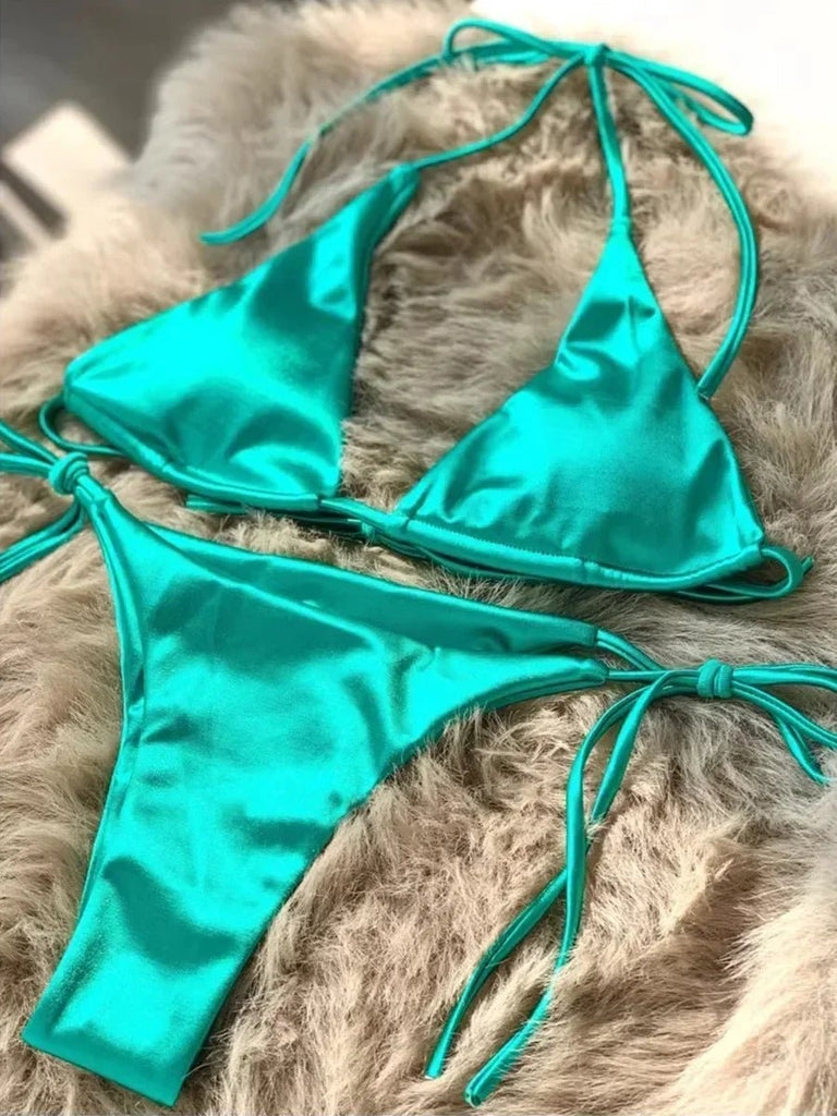 Women’s Metallic Satin Bikini Set – High Cut Brazilian Swimwear for Beach Holidays - Velshara store