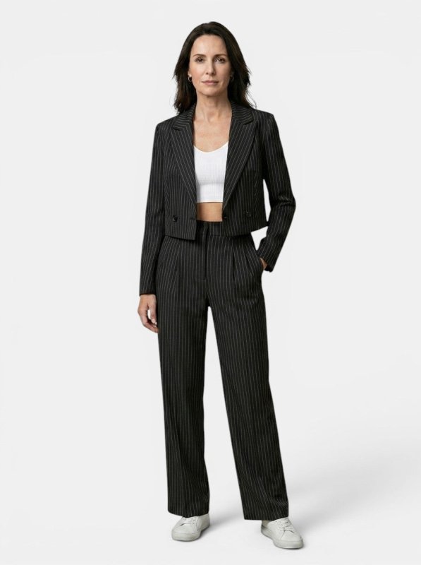 Women's Pinstripe Suit | Tailored Cropped Blazer and Wide Leg Trousers - Velshara store